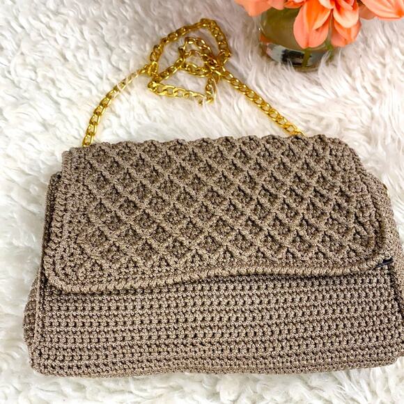 Crocheted Tan of Gold Strap Crossbody Bag Purse Handbag Medium Size - Picture 2 of 9